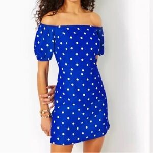 Lilly Pulitzer || Blue Polka Dot Off-Shoulder Dress with build in shorts Sz 10